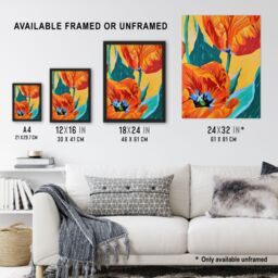 "Artery8 Stylised Orange Teal Tulip Flowers Vibrant Floral Wall Art Print - Size: W18"" x H24""" - thumbnail 3