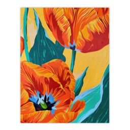 "Artery8 Stylised Orange Teal Tulip Flowers Vibrant Floral Wall Art Print - Size: W18"" x H24""" - thumbnail 1