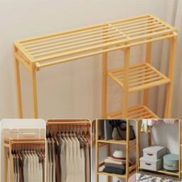 KORVIXA Bamboo Garment Rack Large Clothes Rail Rack with Shelves in Natural - thumbnail 5
