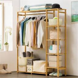 KORVIXA Bamboo Garment Rack Large Clothes Rail Rack with Shelves in Natural - thumbnail 3