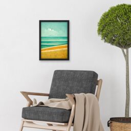 Artery8 Calm Sandy Beach Summer Scene In Ochre & Teal Minimalist Artwork Framed Wall Art Print A4 in Black - thumbnail 2