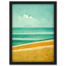 Artery8 Calm Sandy Beach Summer Scene In Ochre & Teal Minimalist Artwork Framed Wall Art Print A4 in Black - thumbnail 1