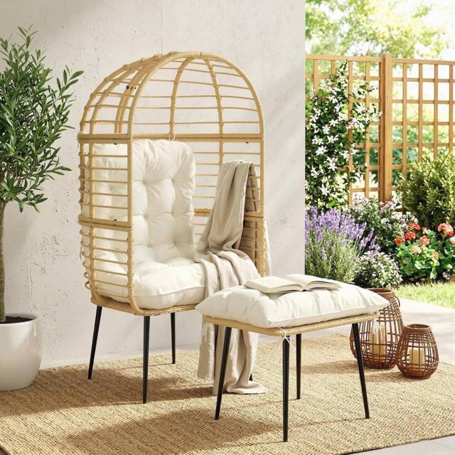 OUTSUNNY Standing Egg Chair Lounge Chair with Footstool, Cushion, Beige - image 1