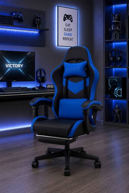 Living and Home High Back Gaming Chair with Massage Lumbar Support & Footrest in Blue - image 1