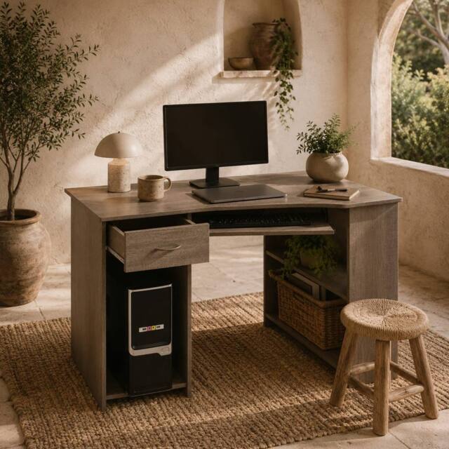 Wyld Haus Nifi 120cm Grey L Shaped Corner Desk Keyboard Tray Drawer & Shelves - image 1