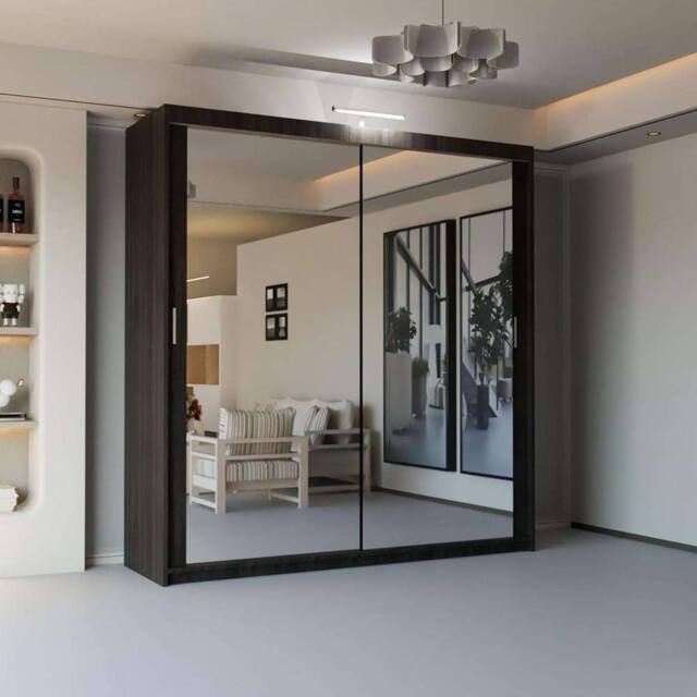 Sliding Wardrobes 4U Modern Mirror Sliding Wardrobe with Top LED Light W120cm x H217cm in Dark Brown - image 1