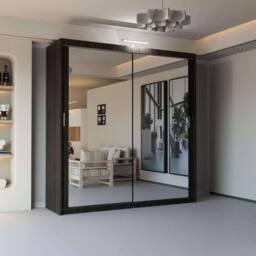 Sliding Wardrobes 4U Modern Mirror Sliding Wardrobe with Top LED Light W120cm x H217cm in Dark Brown - thumbnail 1