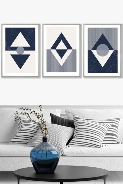 ARTZE Set of 3 Light Grey Framed Mid Century Geometric Navy Blue Diamonds Wall Art - Size: W45 cm x H62 cm x D20mm - image 1