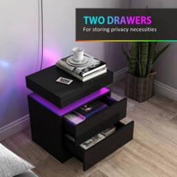 SPETLEK High Gloss Bedside Table with LED Light & 2 Drawers, Set of 2, Black - Size: 0.6m2 - thumbnail 3
