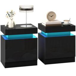 SPETLEK High Gloss Bedside Table with LED Light & 2 Drawers, Set of 2, Black - Size: 0.6m2