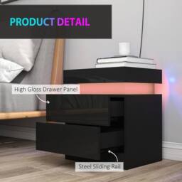 SPETLEK High Gloss Bedside Table with LED Light & 2 Drawers, Set of 2, Black - Size: 0.6m2 - thumbnail 4