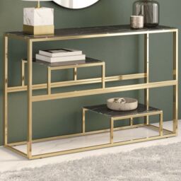 Berkfield Home Console Table Gold Stainless Steel & Tempered Glass - thumbnail 1