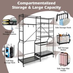 Costway Sports Equipment Organizer Metal Ball Storage Rack Golf Bag Holder in Black - thumbnail 2