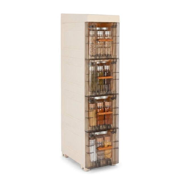 EONLION 4th Floor Slim Rolling Spice Rack Cabinet for Narrow Pantry Storage in Cream - Size: 60 cm x 15 cm - image 1