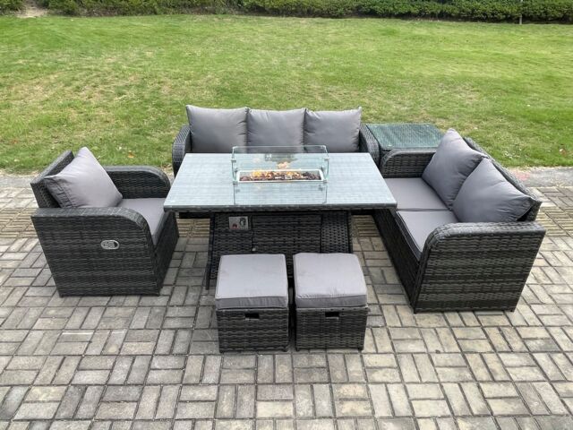 Fimous Garden Patio Furniture Wicker Rattan Gas Fire Pit Table & Sofa Chair set with Side Table 2 Small Footstools in Dark Grey - image 1