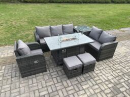 Fimous Garden Patio Furniture Wicker Rattan Gas Fire Pit Table & Sofa Chair set with Side Table 2 Small Footstools in Dark Grey - thumbnail 3
