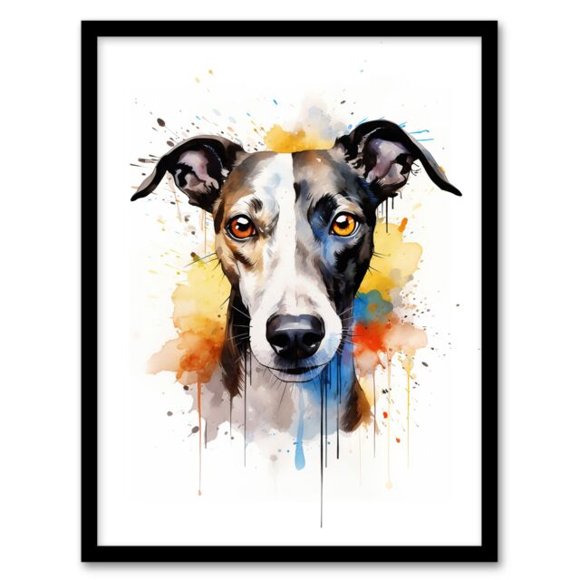 "Artery8 Wall Art Print Greyhound Lovers Gift Watercolour Pet Portrait Painting Artwork Art Framed - Size: W12"" x H16""" - image 1