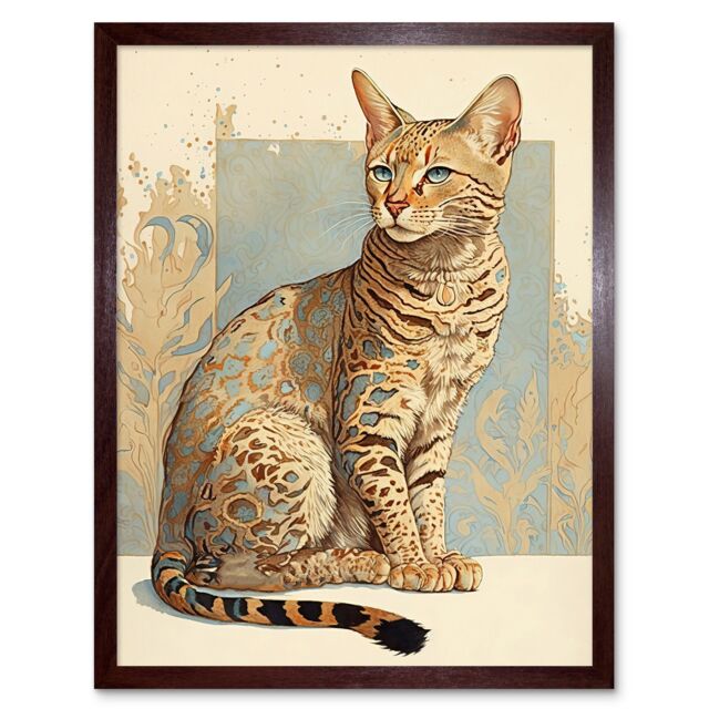 "Artery8 Wall Art Print Ocicat Cat with Turquoise Rosette Pattern Fur Modern Watercolour Art Framed in Brown - Size: W12"" x H16""" - image 1