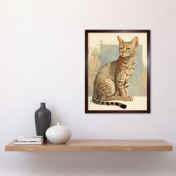 "Artery8 Wall Art Print Ocicat Cat with Turquoise Rosette Pattern Fur Modern Watercolour Art Framed in Brown - Size: W12"" x H16""" - thumbnail 2