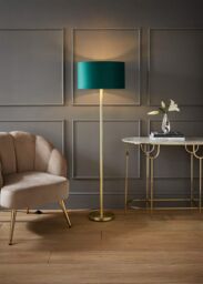 ValueLights Charlie Gold Stem Floor Lamp with Velvet Drum with Gold Inner Lamp Shade in Bottle Green - thumbnail 1