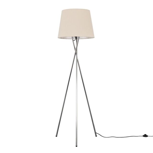 ValueLights Camden Polished Chrome Tripod Floor Lamp with Tapered Shade & Bulb in Beige