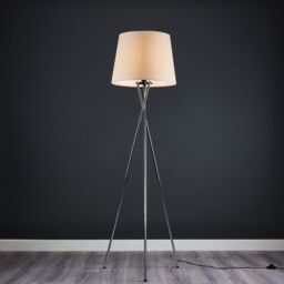 ValueLights Camden Polished Chrome Tripod Floor Lamp with Tapered Shade & Bulb in Beige - thumbnail 3