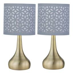 First Choice Lighting Set of 2 Romana - Antique Brass Touch Table Lamps Grey Laser Cut Shade in Bronze