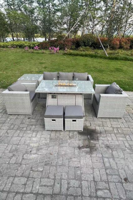 Fimous Rattan Garden Furniture Set Gas Fire Pit Lounge Sofa Chair Dining Set With Side Table in Light Grey - image 1