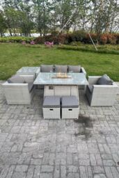 Fimous Rattan Garden Furniture Set Gas Fire Pit Lounge Sofa Chair Dining Set With Side Table in Light Grey - thumbnail 3