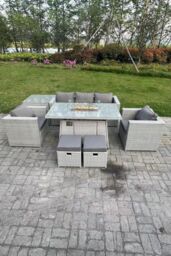Fimous Rattan Garden Furniture Set Gas Fire Pit Lounge Sofa Chair Dining Set With Side Table in Light Grey - thumbnail 1
