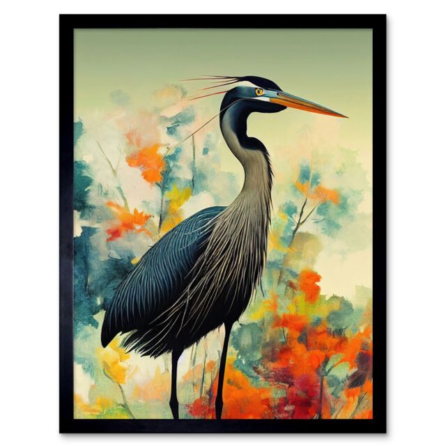"Artery8 Wall Art Print Heron Bird in Abstract Flower Field Colourful Teal Orange Navy Art Framed in Blue - Size: W12"" x H16""" - image 1