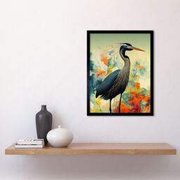 "Artery8 Wall Art Print Heron Bird in Abstract Flower Field Colourful Teal Orange Navy Art Framed in Blue - Size: W12"" x H16""" - thumbnail 2