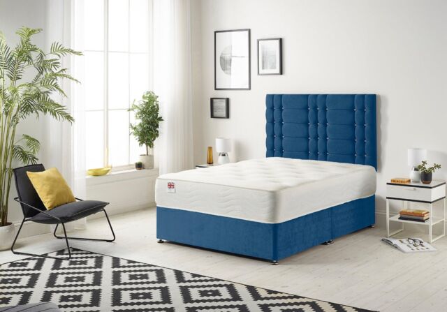 Somnior Bliss Plush Divan Bed with Sprung Memory Foam Mattress & Headboard Plush Fabric in Navy - Size: Small Double - image 1