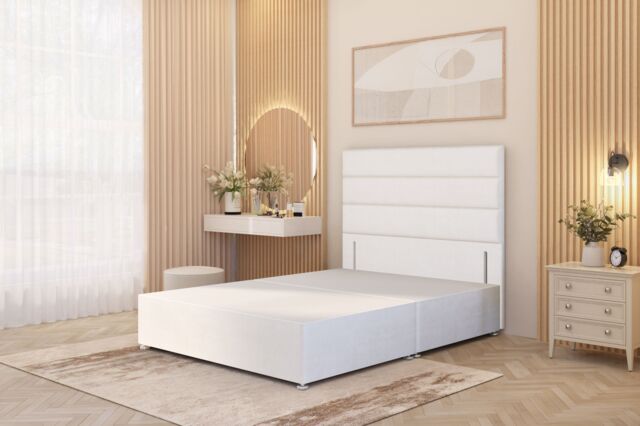 Somnior Chambery Divan Bed Frame with Floor Standing Headboard Plush Velvet in White - Size: Single - image 1