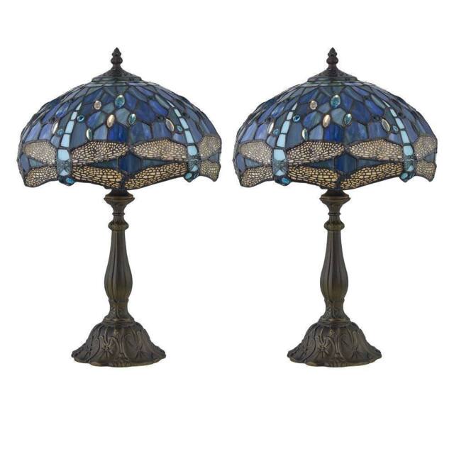 First Choice Lighting Set of 2 Beaumont - Tiffany Dragonfly Coloured Glass 47cm Table Lamps in Bronze - image 1