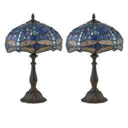 First Choice Lighting Set of 2 Beaumont - Tiffany Dragonfly Coloured Glass 47cm Table Lamps in Bronze