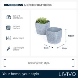 LIVIVO Set of 3 Grey Decorative Plastic Plant Pots - 12cm - thumbnail 6