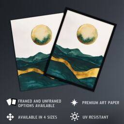 Artery8 Abstract Full Moon Seascape Dark Green Gold Boho Framed Wall Art - Size: A4 - thumbnail 2
