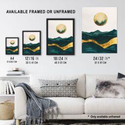 Artery8 Abstract Full Moon Seascape Dark Green Gold Boho Framed Wall Art - Size: A4 - thumbnail 3