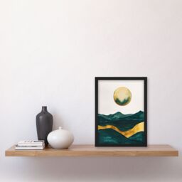 Artery8 Abstract Full Moon Seascape Dark Green Gold Boho Framed Wall Art - Size: A4 - thumbnail 4