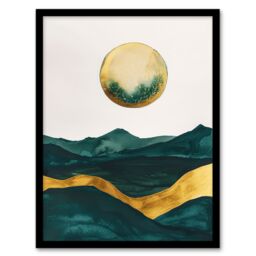 Artery8 Abstract Full Moon Seascape Dark Green Gold Boho Framed Wall Art - Size: A4 - thumbnail 1