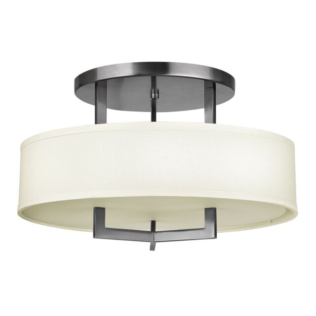Loops 3 Bulb Semi Flush Light Off-White Linen Drum Shade Antique Nickel LED E27 75W in Metallics