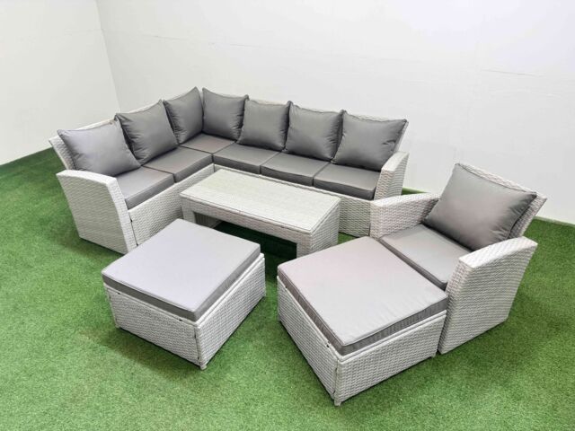Fimous Outdoor 9 Seater Corner Sofa Sets with Chair 2 Big Stools Light Grey - image 1