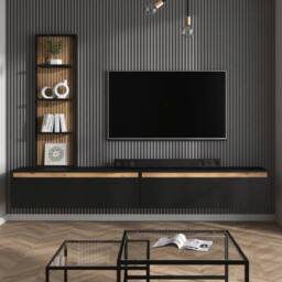 Heze Furniture Raven Oak Slat Detail Large Modern TV Media Unit 230cm with Wall Shelf - thumbnail 2