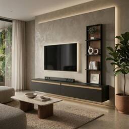 Heze Furniture Raven Oak Slat Detail Large Modern TV Media Unit 230cm with Wall Shelf - thumbnail 1