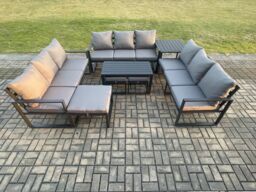 Fimous Aluminium Outdoor Garden Furniture Set Lounge Sofa Oblong Coffee Table 3 Footstools Side Table Sets with Cushions Dark Grey 12 Seater - thumbnail 2