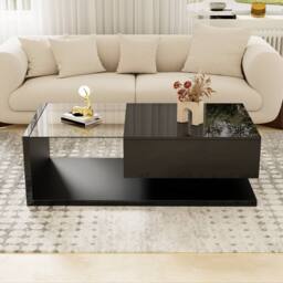 BTM High Gloss Modern Coffee Table with Glass & LED For Living Room in Black - thumbnail 3