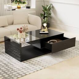 BTM High Gloss Modern Coffee Table with Glass & LED For Living Room in Black - thumbnail 2