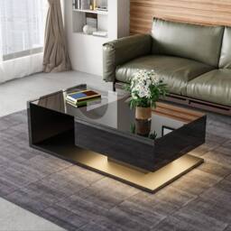 BTM High Gloss Modern Coffee Table with Glass & LED For Living Room in Black - thumbnail 1
