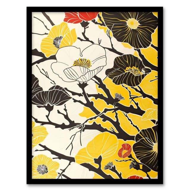 "Artery8 Abstract Tree Branch Wildflowers Design Yellow Framed Art Print - Size: W12"" x H16""" - image 1